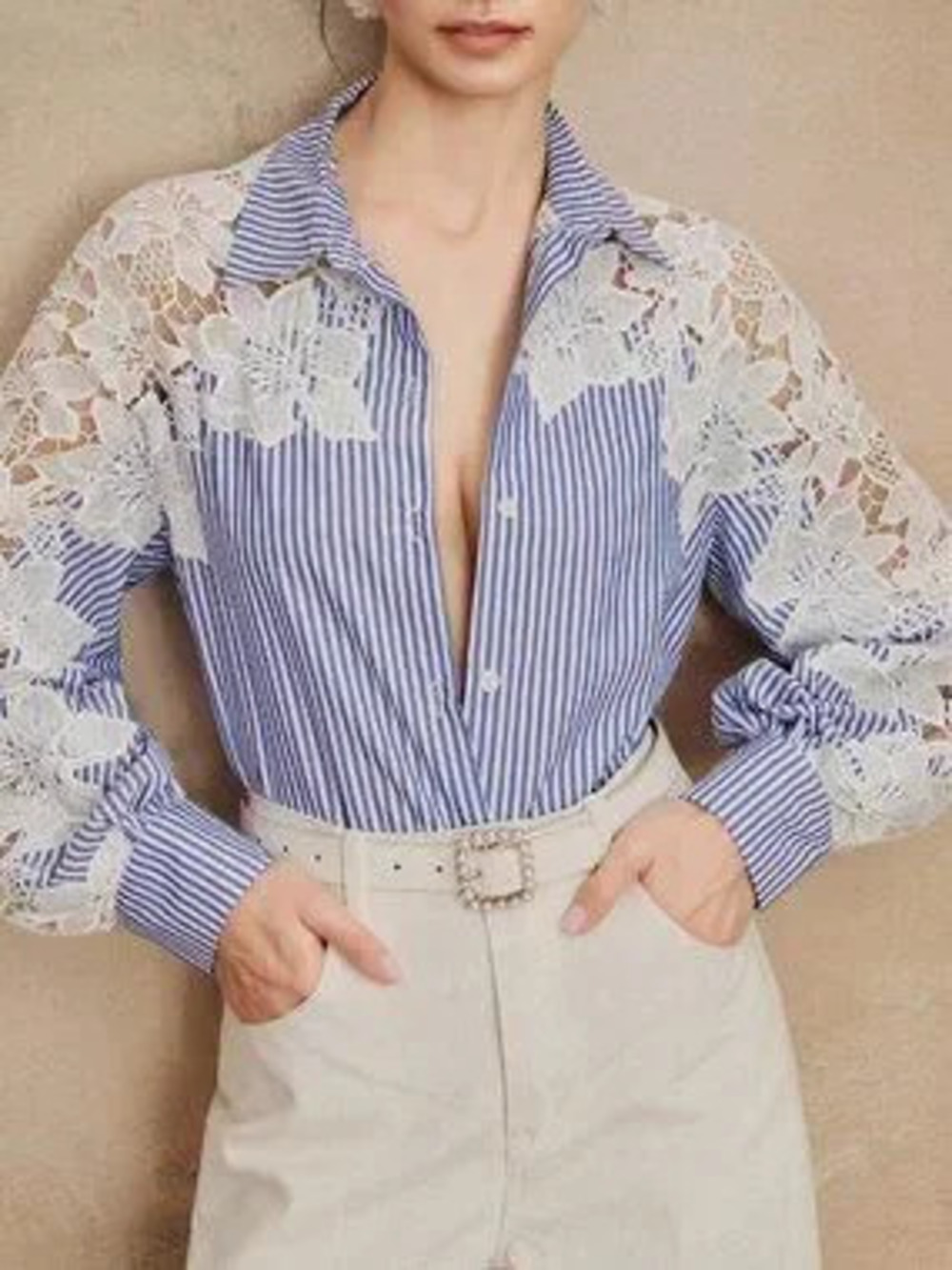 Blue and White Elegant Women's Embroidered Striped Long Sleeve Lace Blouse